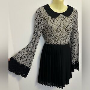 Savannah Rae Lace Black Dress with Bell Sleeves and Pleated Skirt Juniors size L